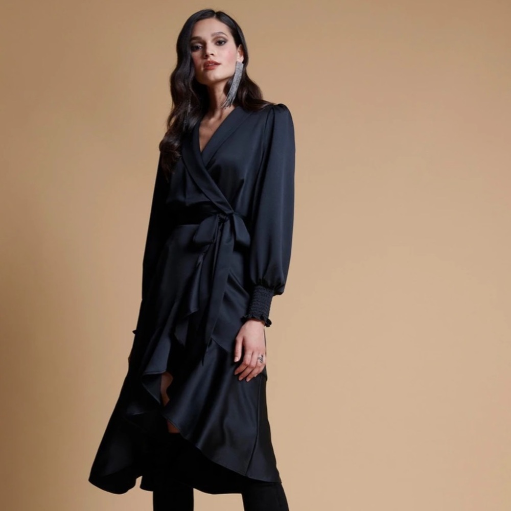 Long Sleeve Satin Wrap Dress - Black